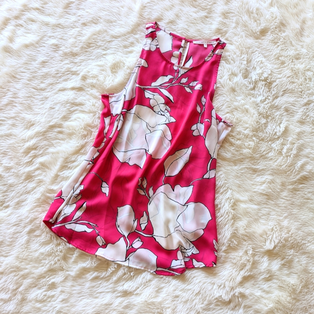 Hot Pink &White Floral Sleeveless Blouse